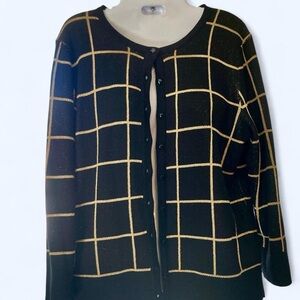 Cable & Gauge Black Cardigan with Gold Grid Pattern M